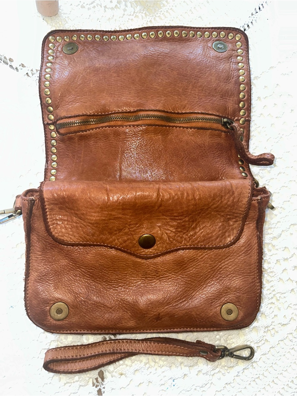 Sundance Brown Leather Stud-Trim Crossbody with Wristlet - Picture 3 of 11